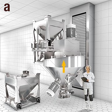 容器混合机: amixon® 锥形混合机 AM 1500 型，带容器装填和排空功能